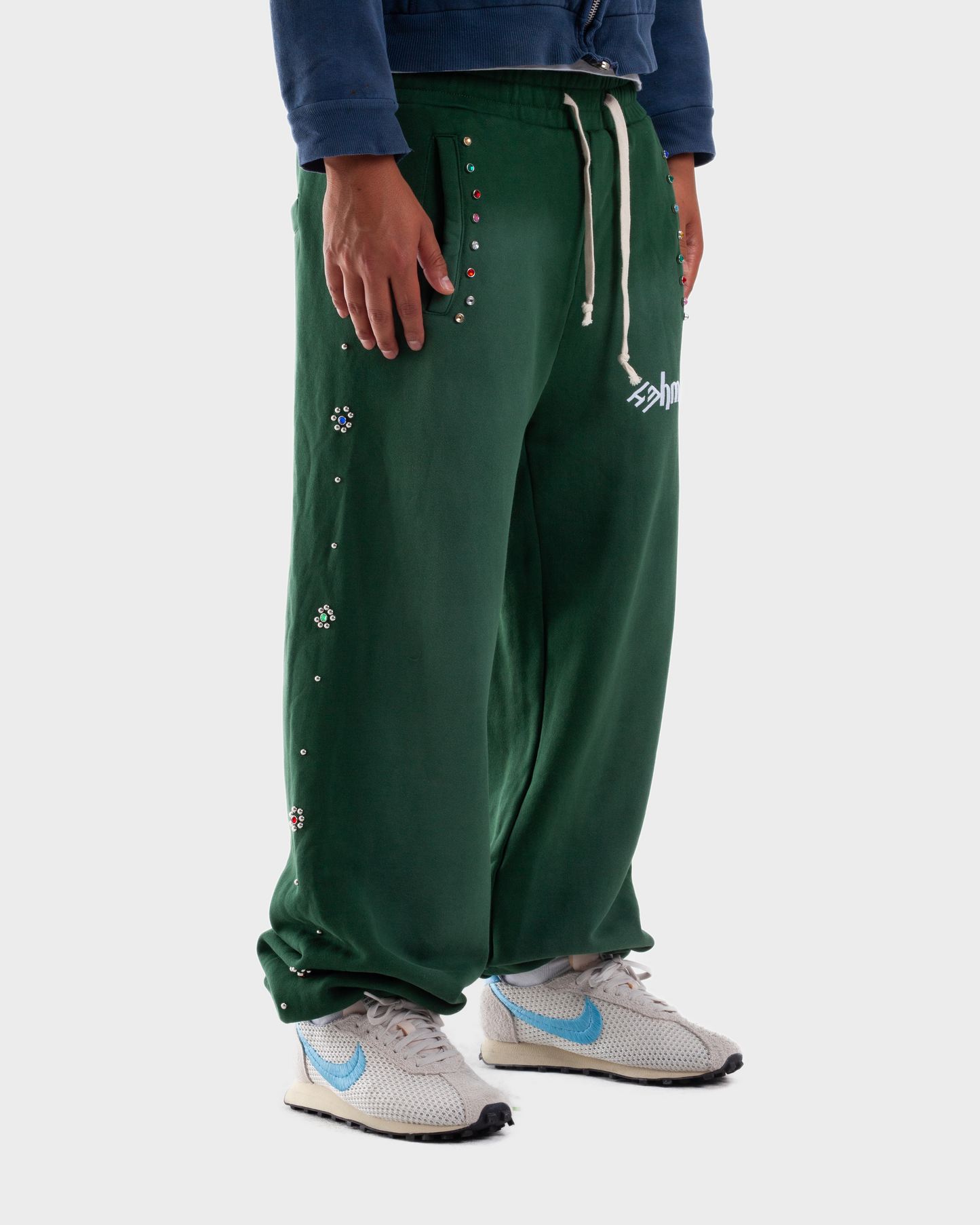 GREEN FLOWER STUDDED SCRUNCH SWEATS